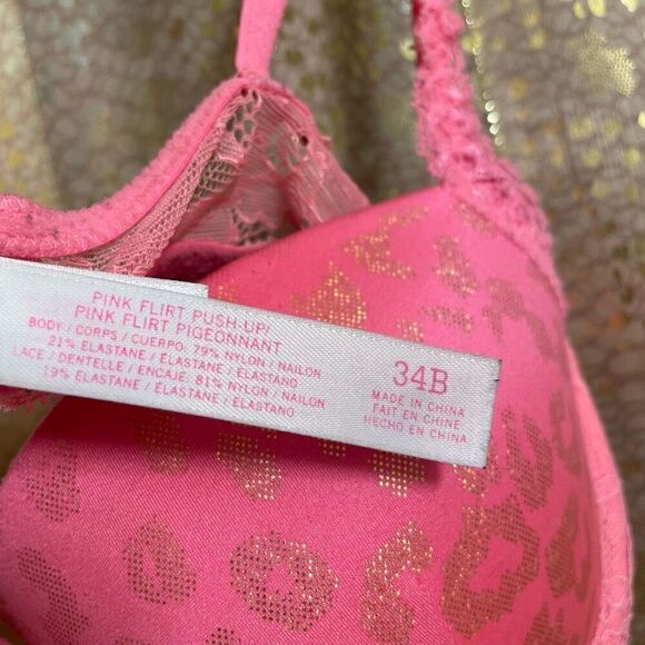 Vintage Y2K PINK Victorias Secret Hot Pink Metallic Cheetah Flirt Push Up Bra 34 - Picture 5 of 9